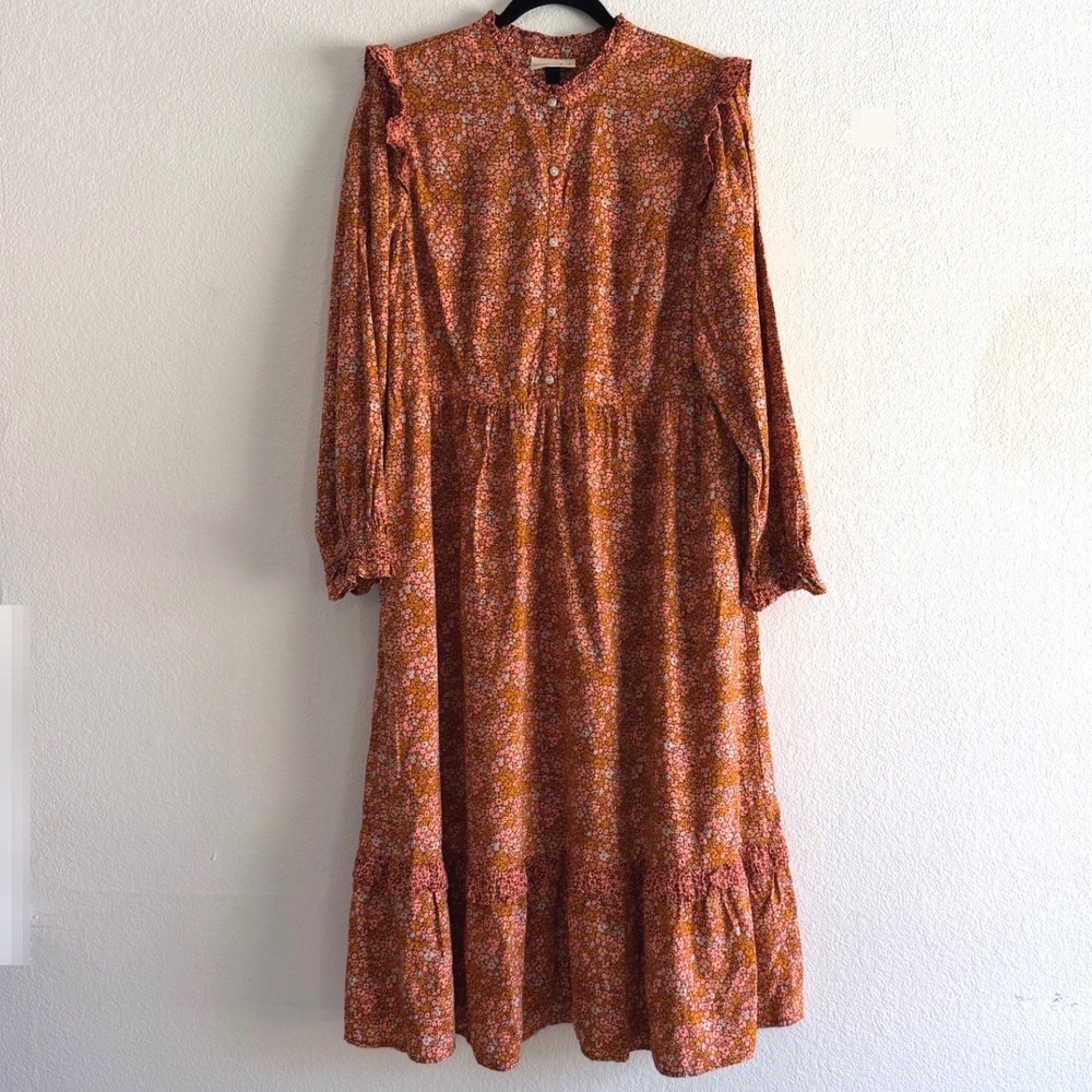 Universal Thread Brown Orange Floral Ruffle Midi Dress Long Sleeve NWT Large